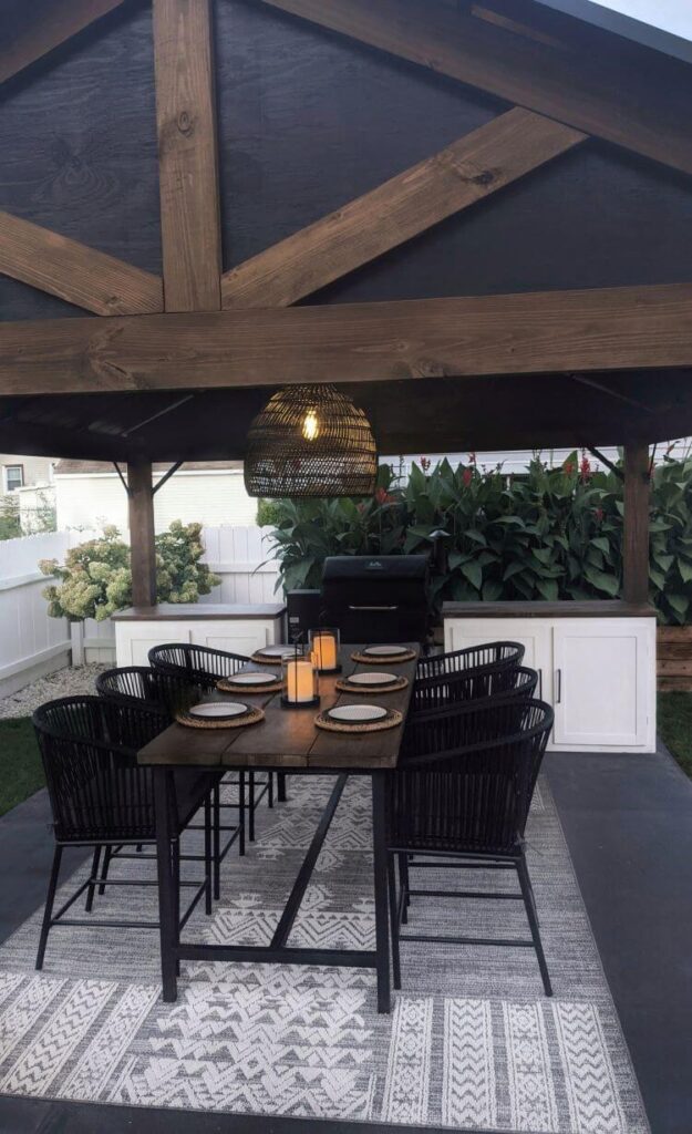 A new sitting area underneath a large outdoor awning