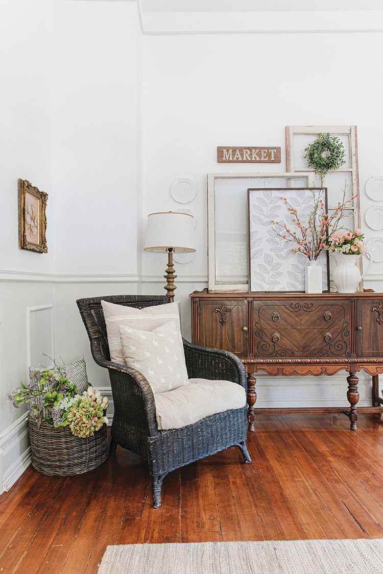 living room with vintage picture frames