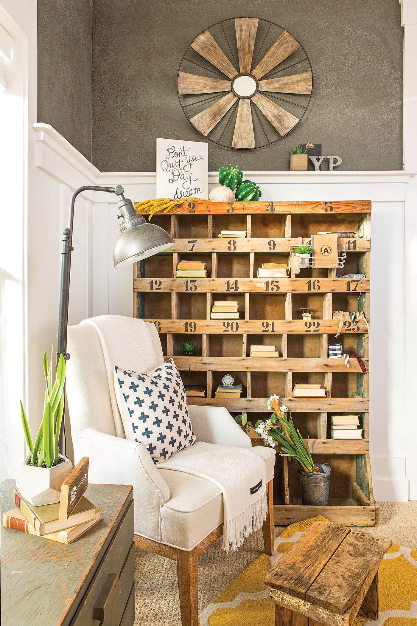 Chair with vintage cubby and books