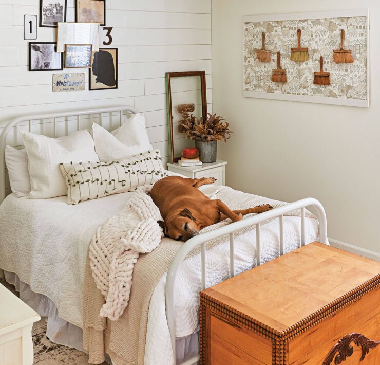Bedroom with flea market wall decor and dog sleeping on the bed