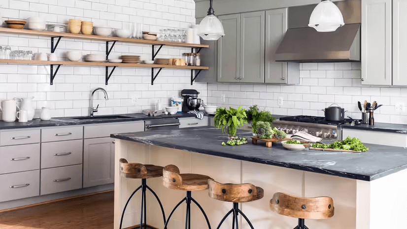 Kitchen with dark soapstone countertops