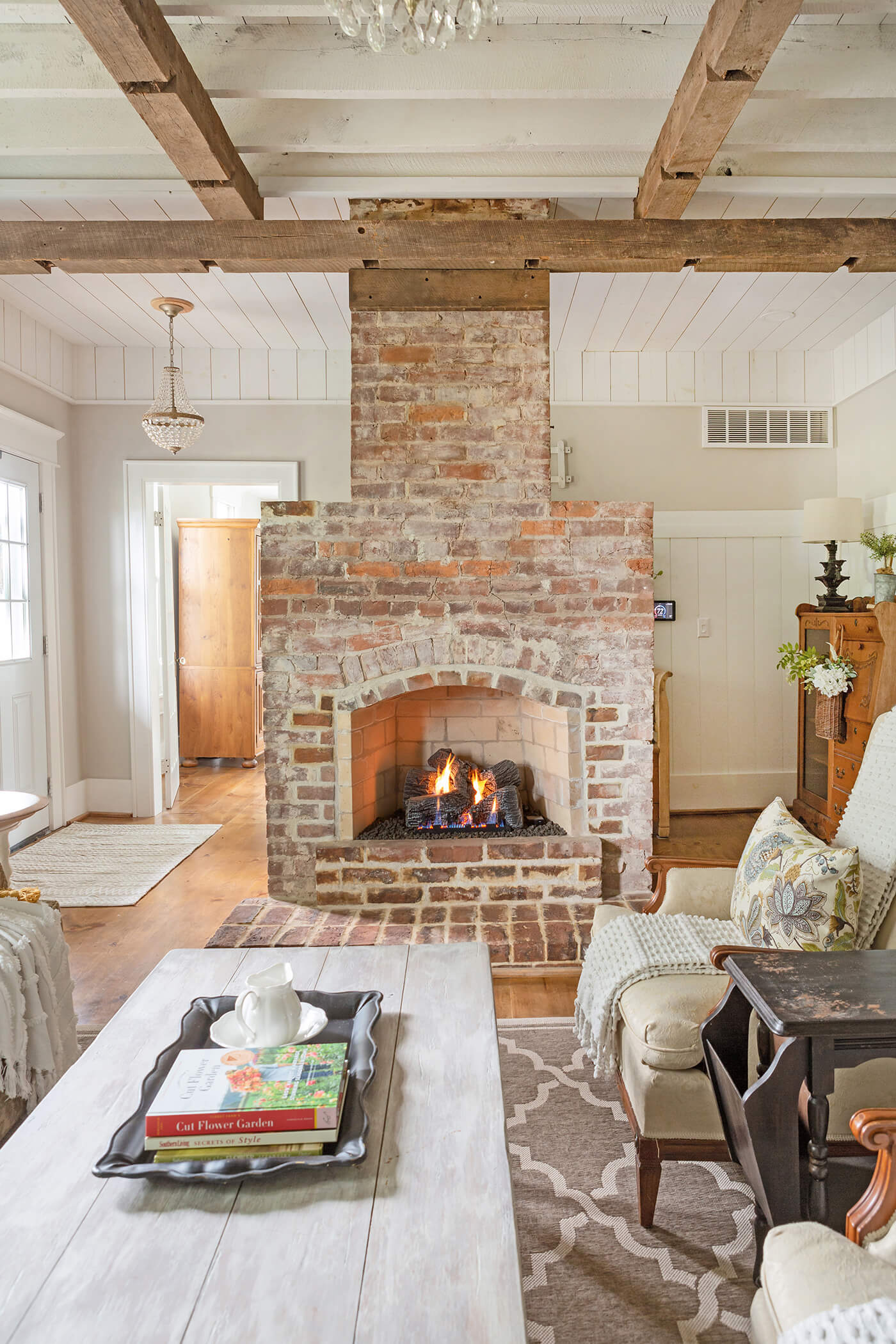 Living room with old fireplace