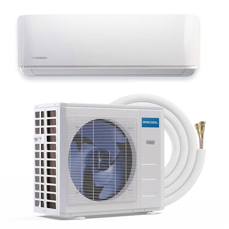 Caption: MRCOOL Mini-split condenser unit Alt text: Product image of MRCOOL air conditioning unit