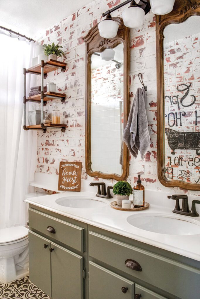 A faux brick wall in the guest bathroom