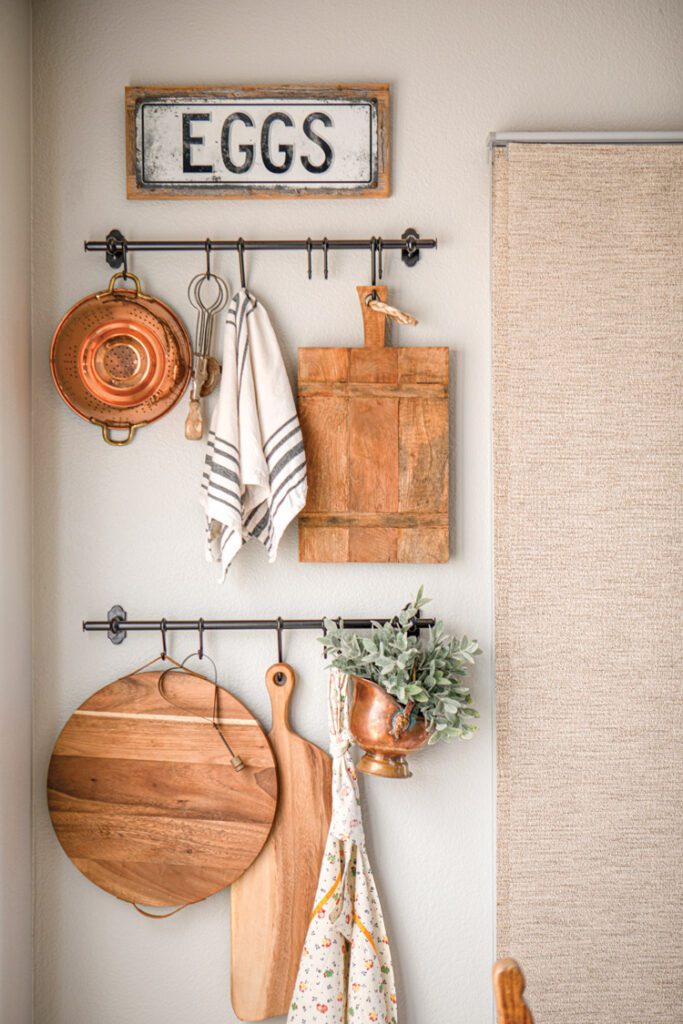 Hanging racks on the wall of the breakfast nook