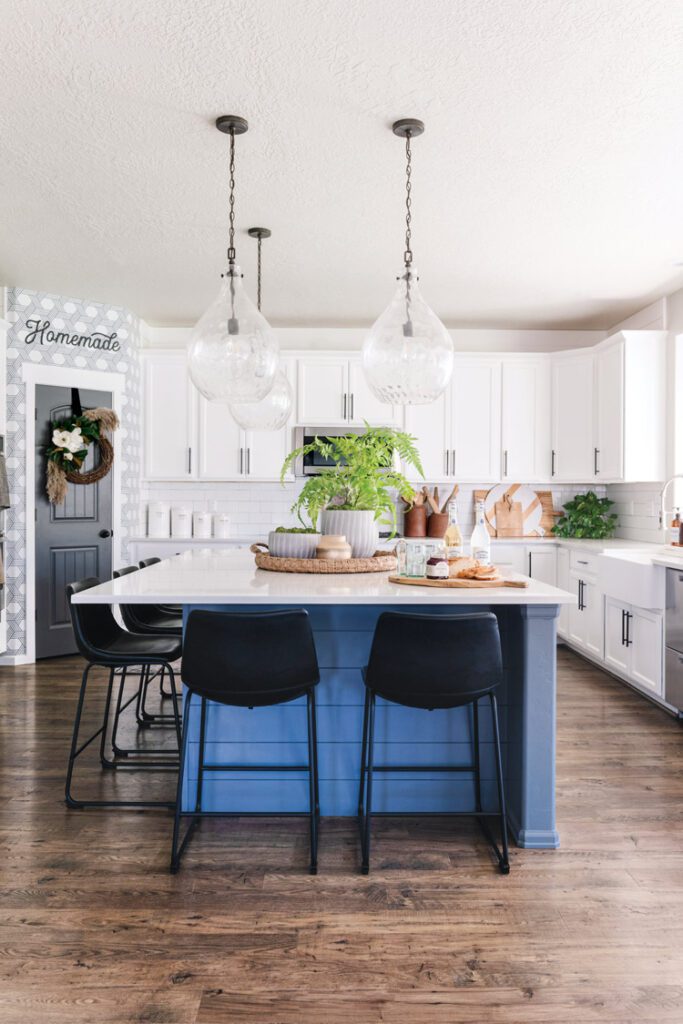 modern farmhouse kitchen with blue island