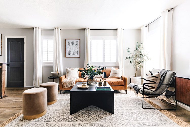 modern farmhouse neutral living room in remodeled home