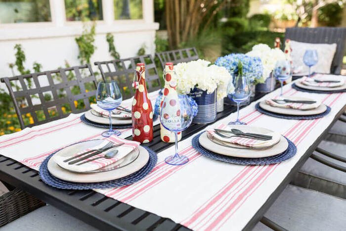 4th of July table setting with red and white striped table cloth and napkins.
