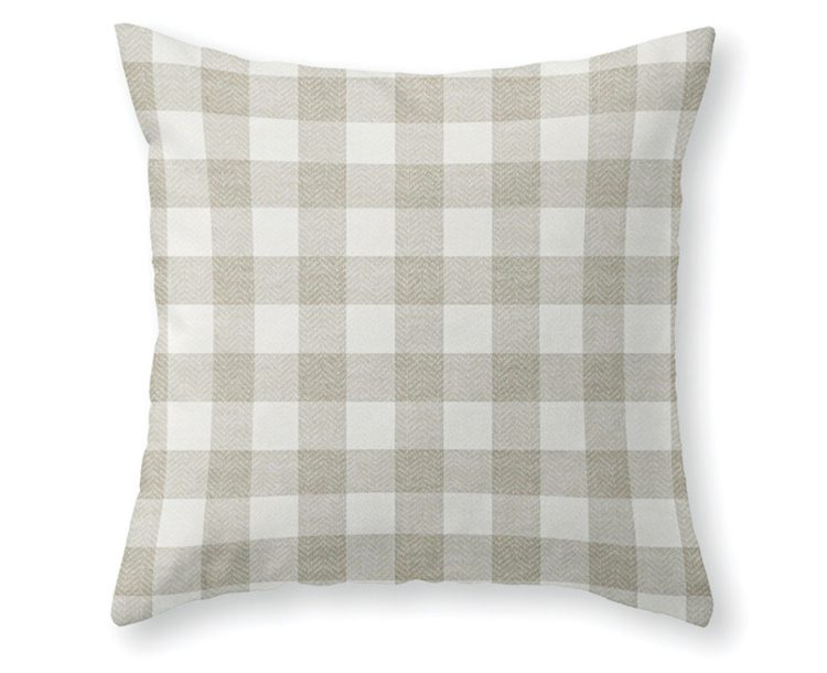 Farmhouse beige plaid buffalo-check linen throw pillow