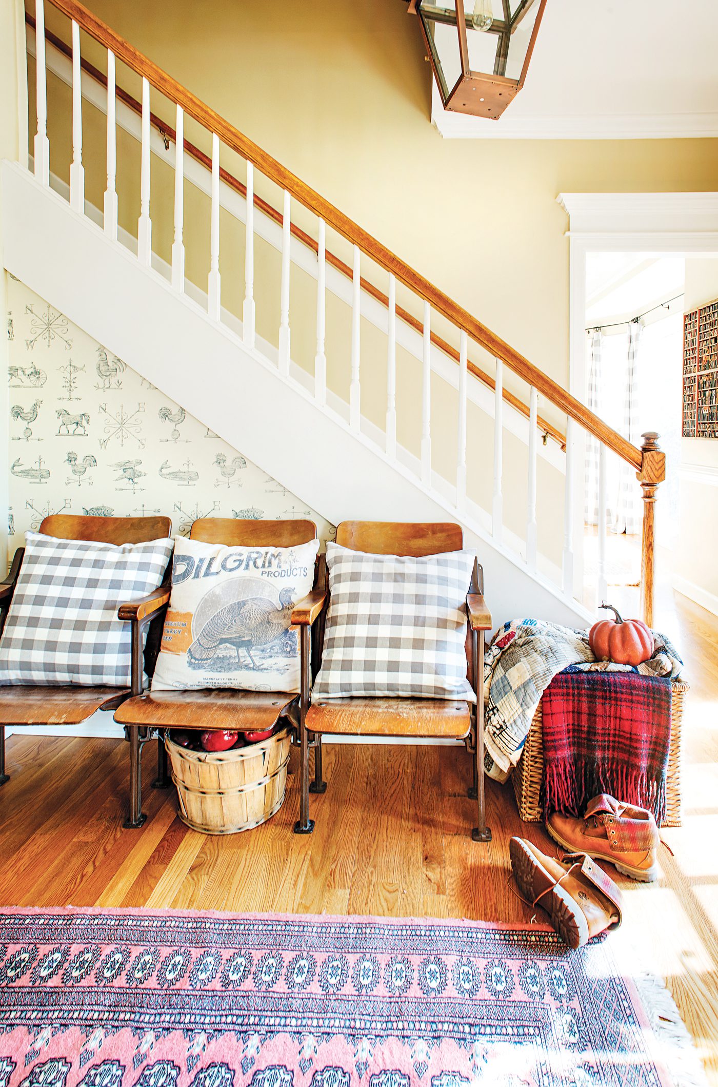 checkered throw pillows in entryway