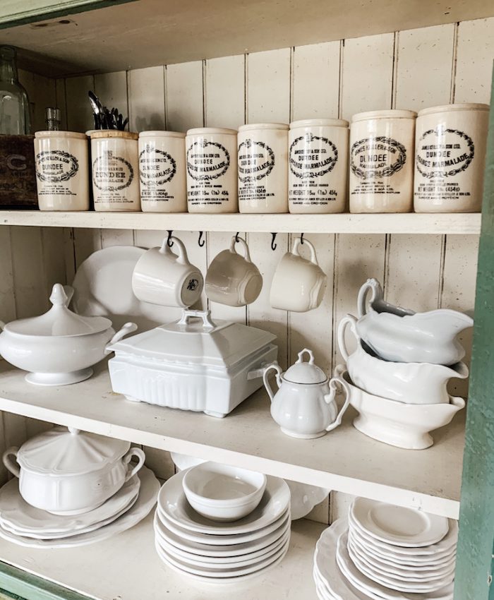 vintage marmalade jars in kitchen