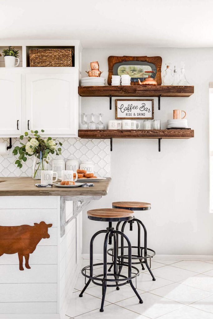 white kitchen with open shelves