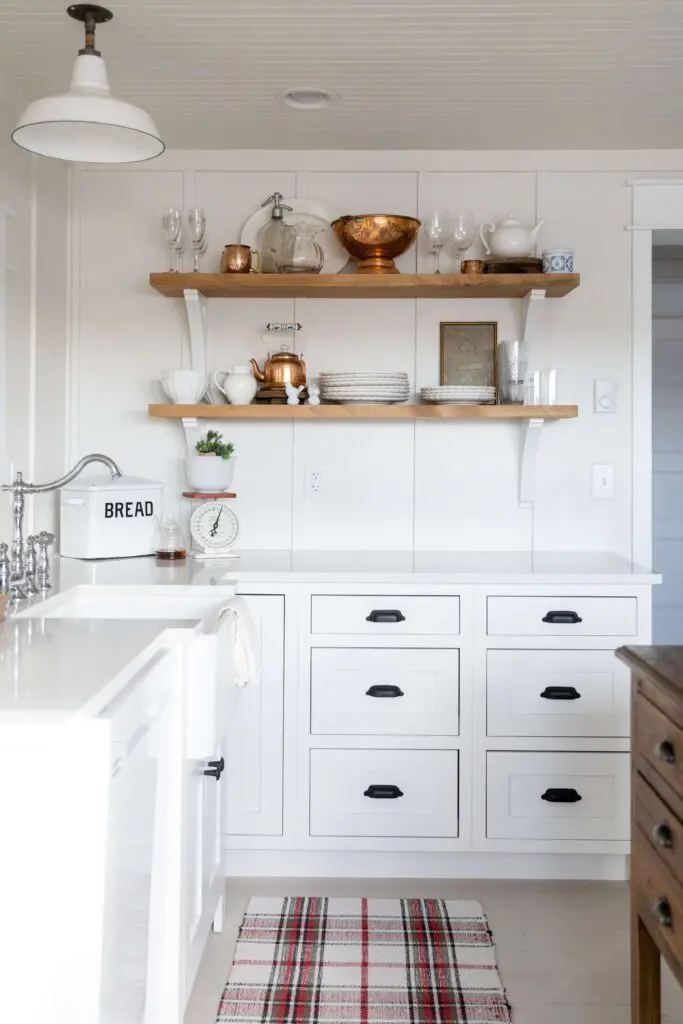 kitchen with exposed shelves