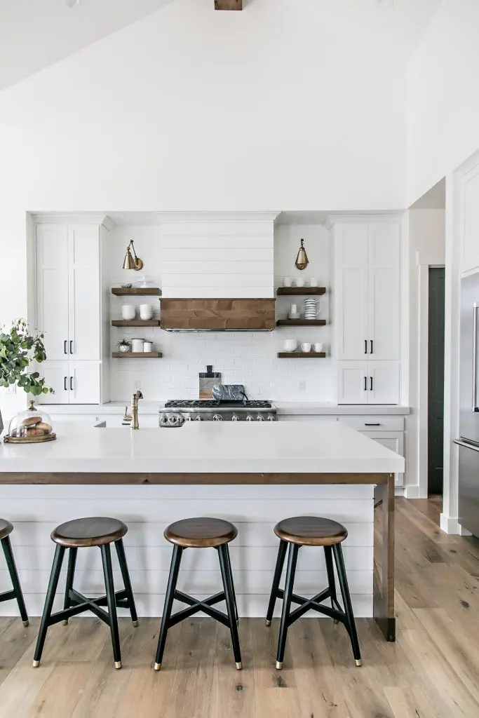 kitchen with exposed shelves