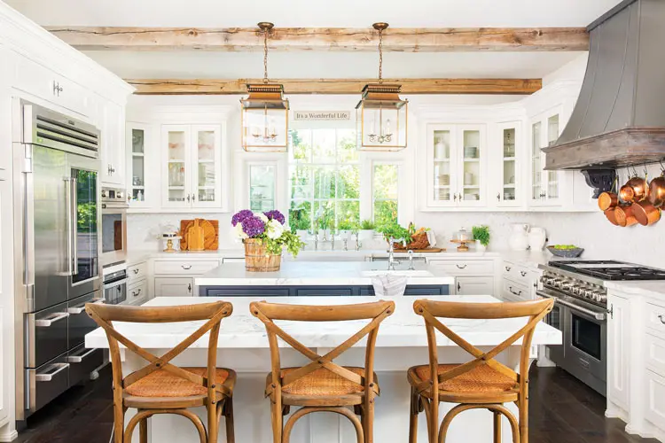 kitchen with glass front cabinets and bistro style pot storage