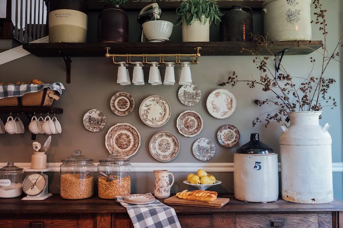 exposed shelves with vintage kitchenware