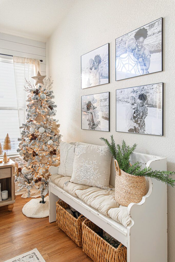 white flocked Christmas tree in festive Texas home