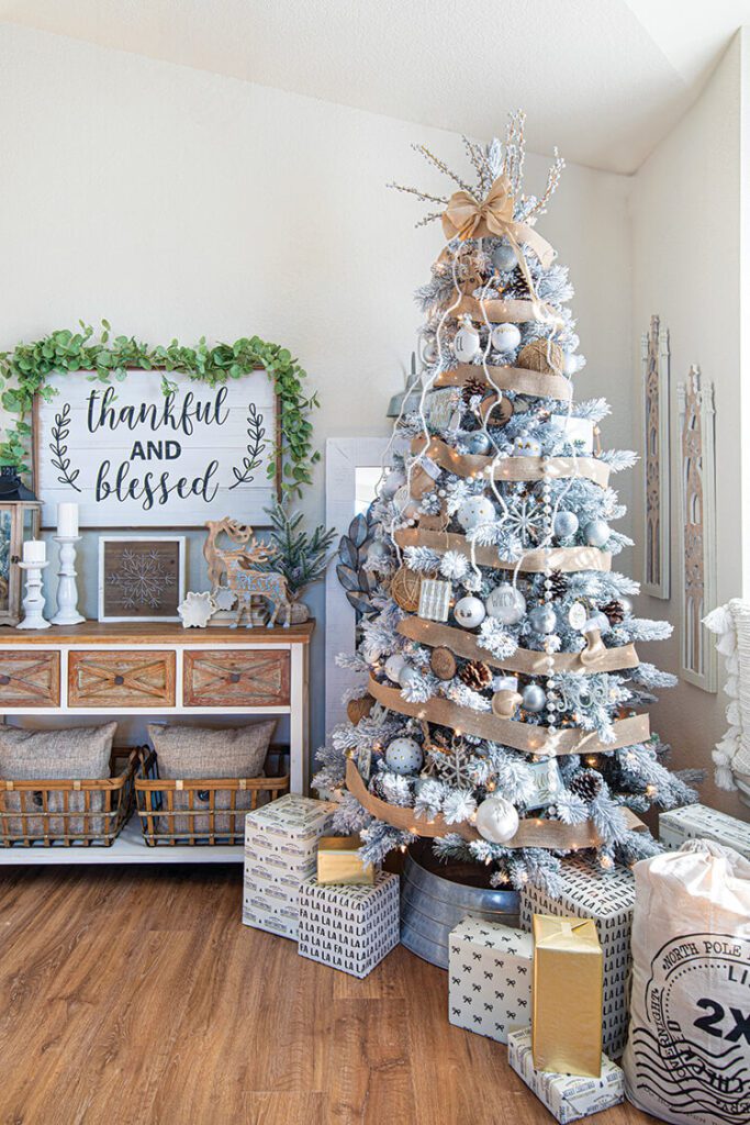 rustic flocked tree with burlap garland