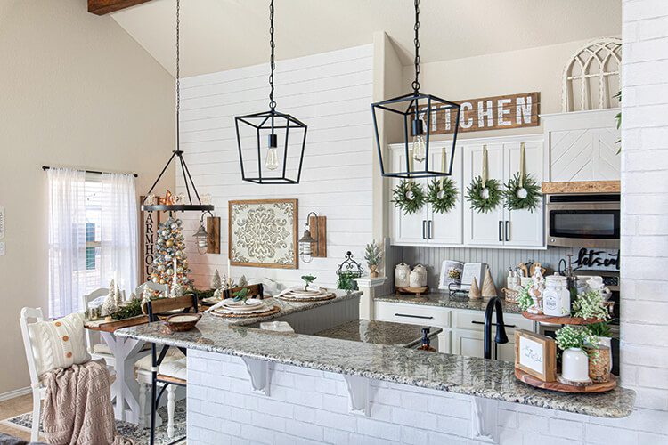 kitchen with wreaths and tree