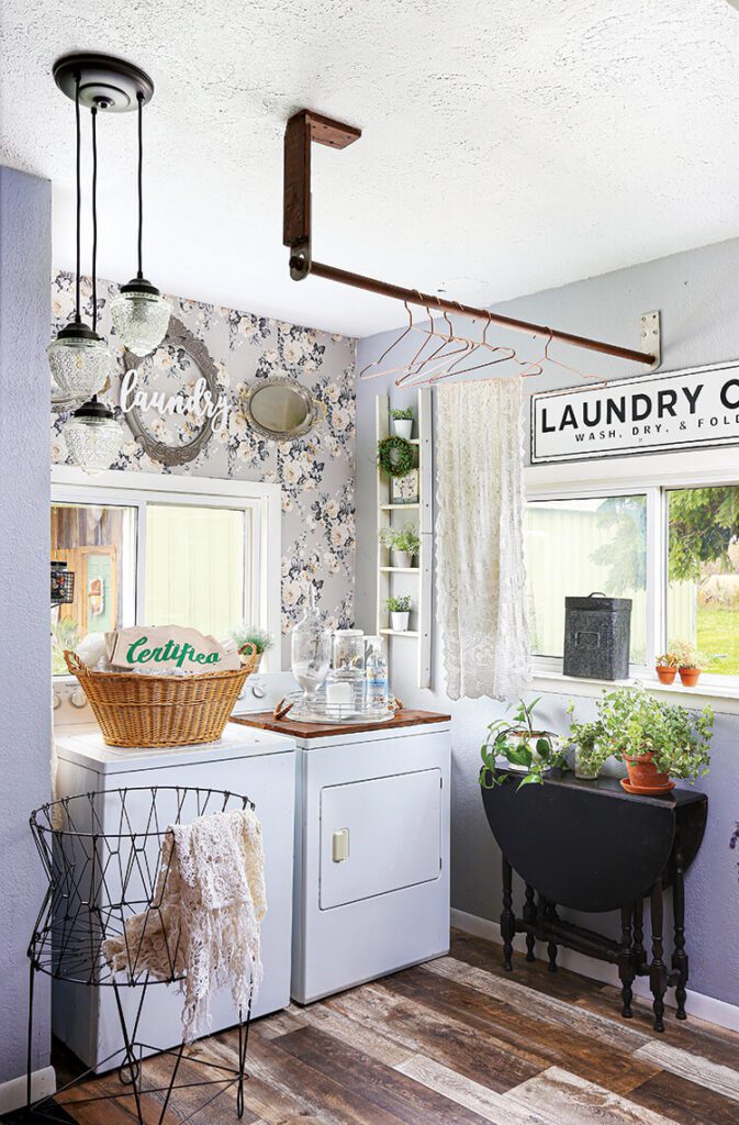farmhouse laundry room floral wallpaper