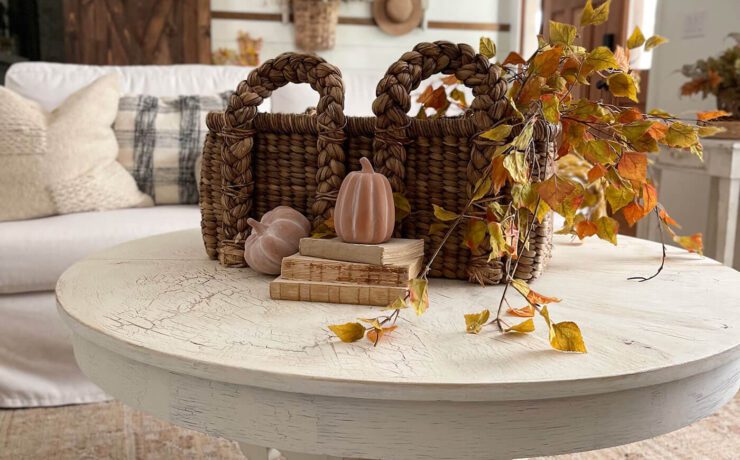 Painted white coffee table with cute fall styling on top