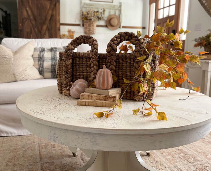 Painted white coffee table with cute fall styling on top