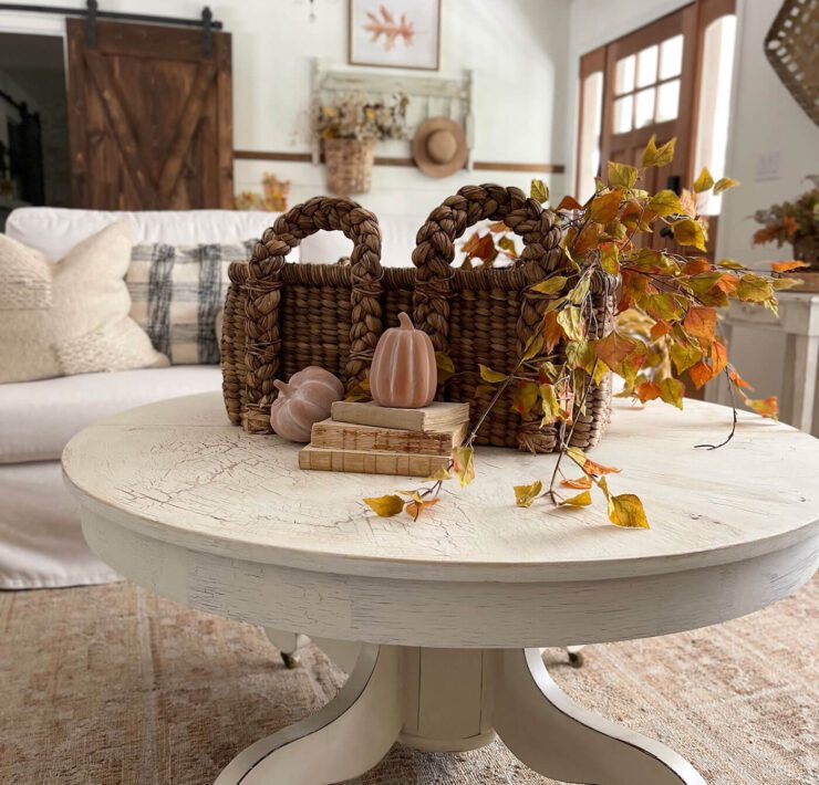 Painted white coffee table with cute fall styling on top