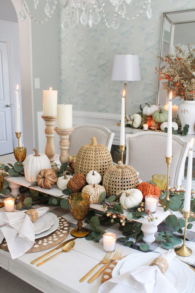 table top with fall themed centerpiece