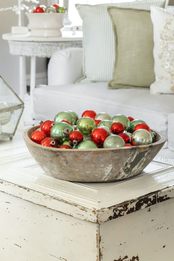 bowl of christmas ornaments on display