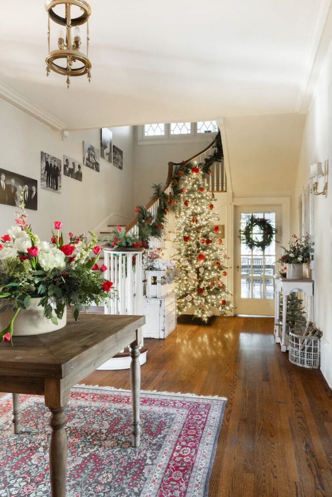 Christmas party decorations flowers trees and garland