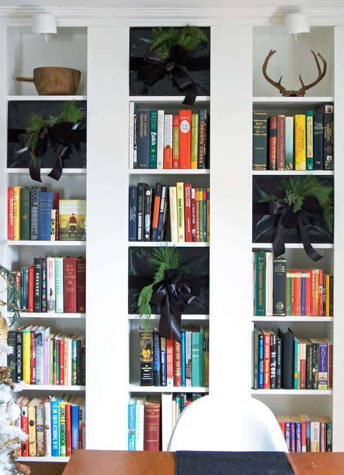 fake presents to style bookcase for Christmas