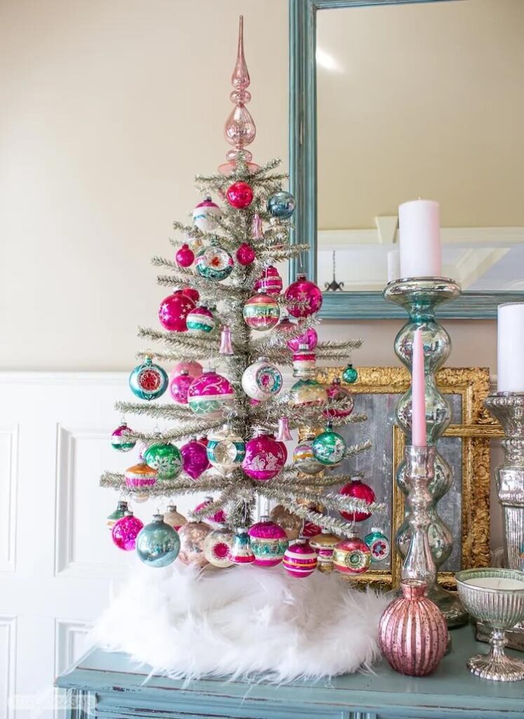 aluminum mini tree with Shiny Brite ornaments
