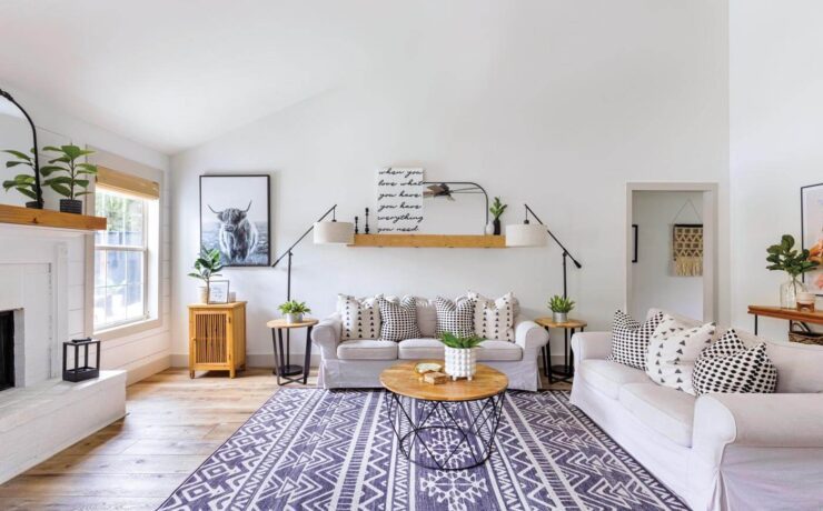 Horizontal image of living room with cow photography art and blue geometric area rug