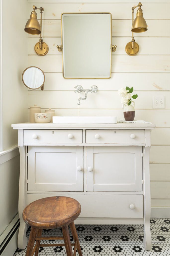 bathroom in historic home with shiplap and hexagonal tile