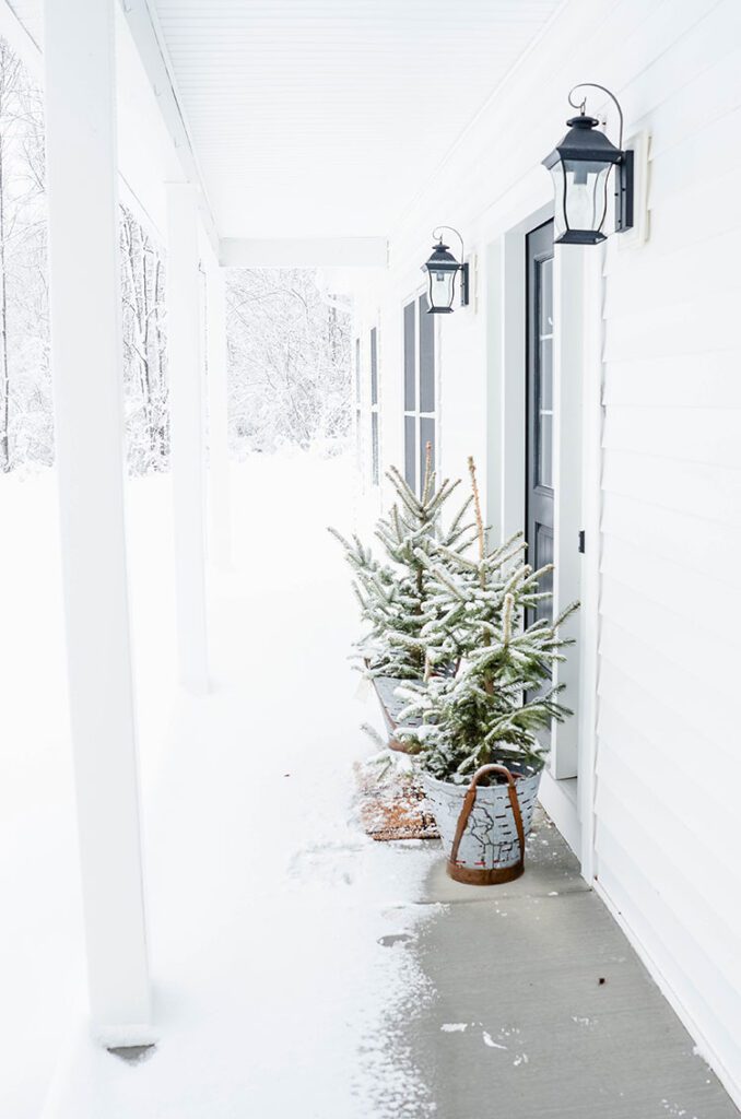 Front porch in the snow with trees outside front door of farmhouse