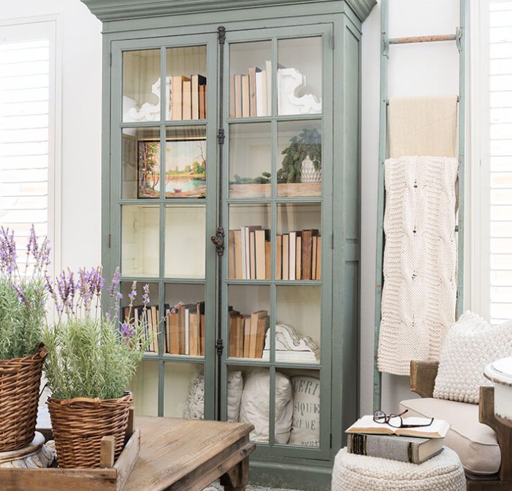 Light teal bookcase using colors as neutrals for a living room