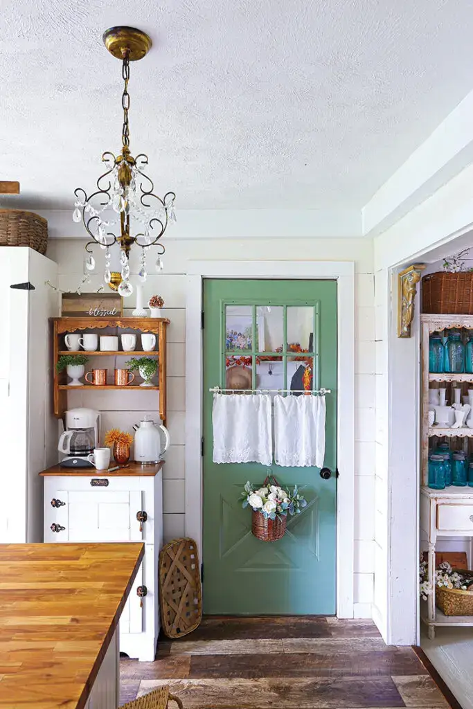 coffee bar in farmhouse kitchen neutral palette