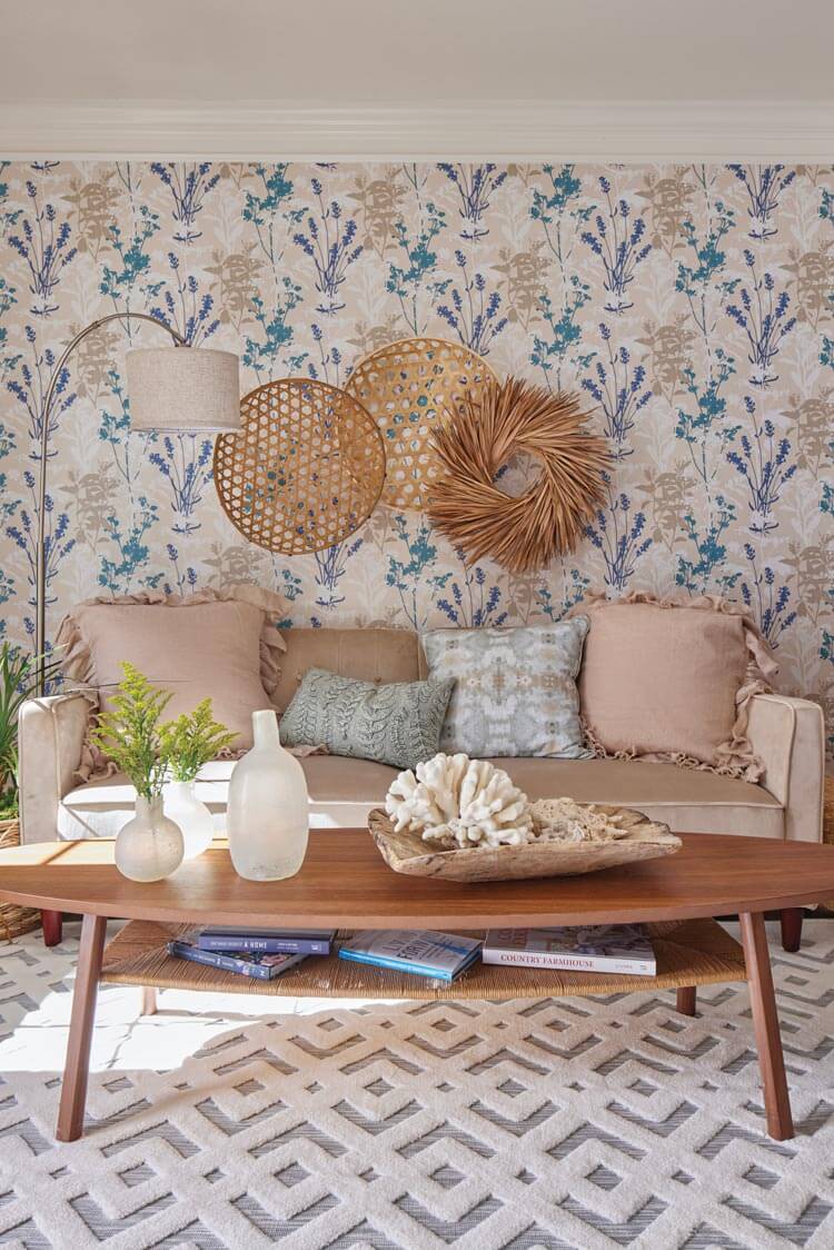 floral wallpaper basket trio and neutral trellis patterned rug at the Villas at Spanish Court