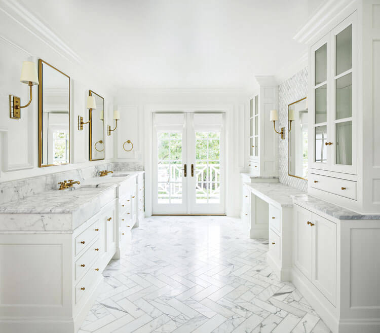 bathroom all white with two vanities and herringbone floor