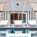 Pool with pool house in farmhouse style with text