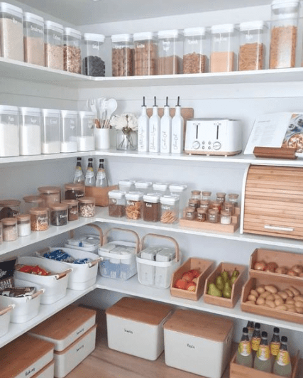 Open shelves with baskets, bins and containers for pantry organization