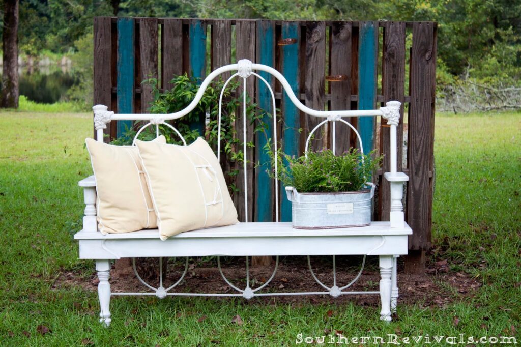 How To Reuse and Repurpose In The Garden headboard outdoor bench