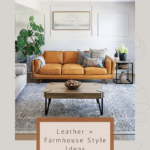 Living room with leather farmhouse style sofa and text