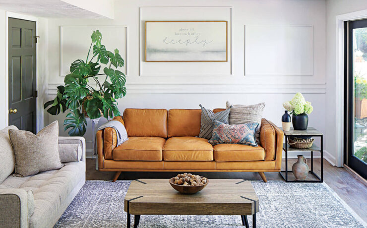 Leather farmhouse style in living room with leather sofa