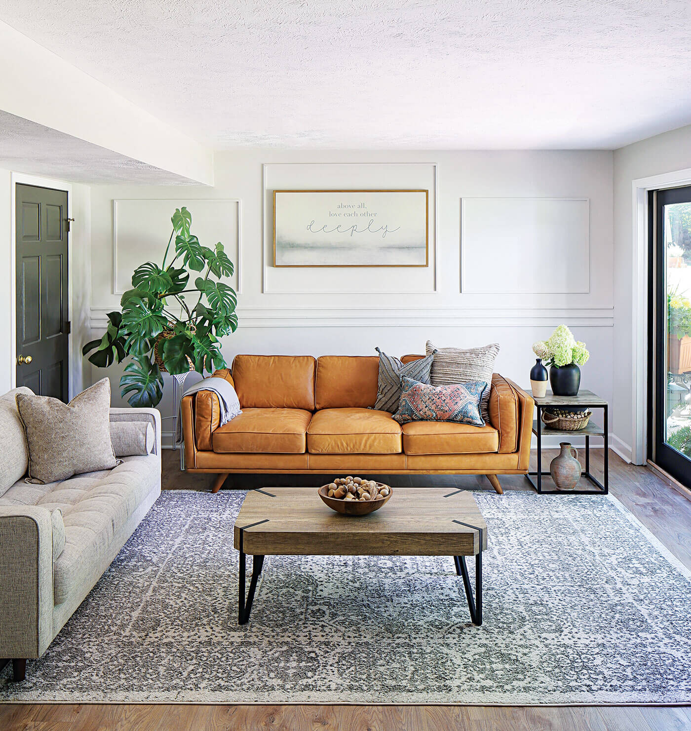 Leather farmhouse style in living room with leather sofa