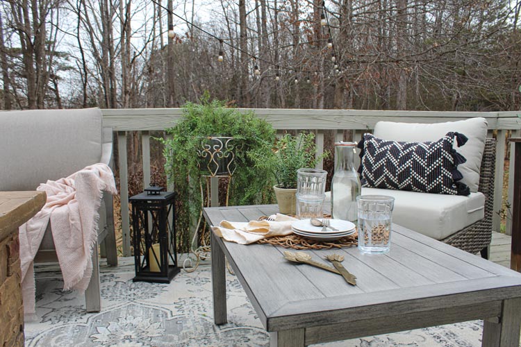 side chair plant coffee table on bach porch