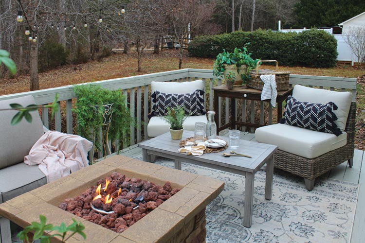 fire pit side chairs and plants on back porch