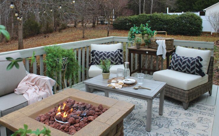 fire pit side chairs and plants on back porch