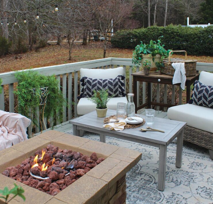 fire pit side chairs and plants on back porch