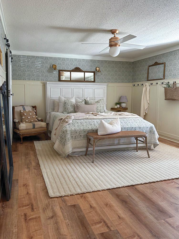 cozy cottage bedroom with wooden bedframe